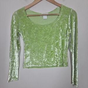 Vtg Y2K Green Crushed Velvet Scoop Neck Crop Top Festival Fairy Forest Grunge M